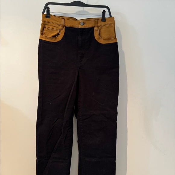 OAK + FORT Two-Tone Black and Mustard Colour Block Twill  Straight Leg Jeans - Picture 9 of 10